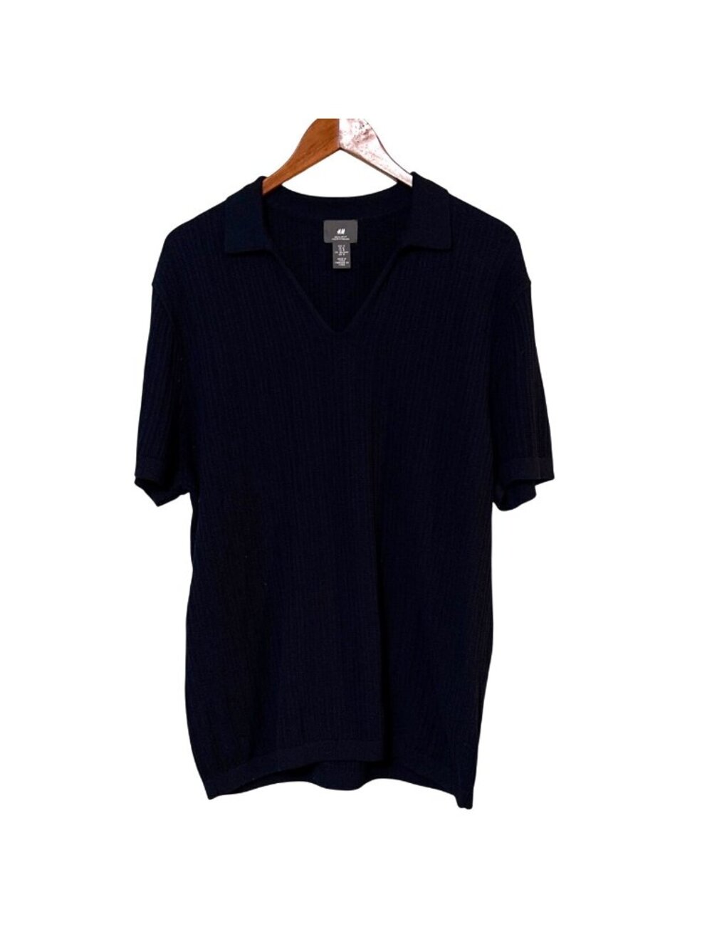 H&M‎ Navy Regular Fit Cotton Knit V-Neck Short Sleeve Sweater Womens Size M